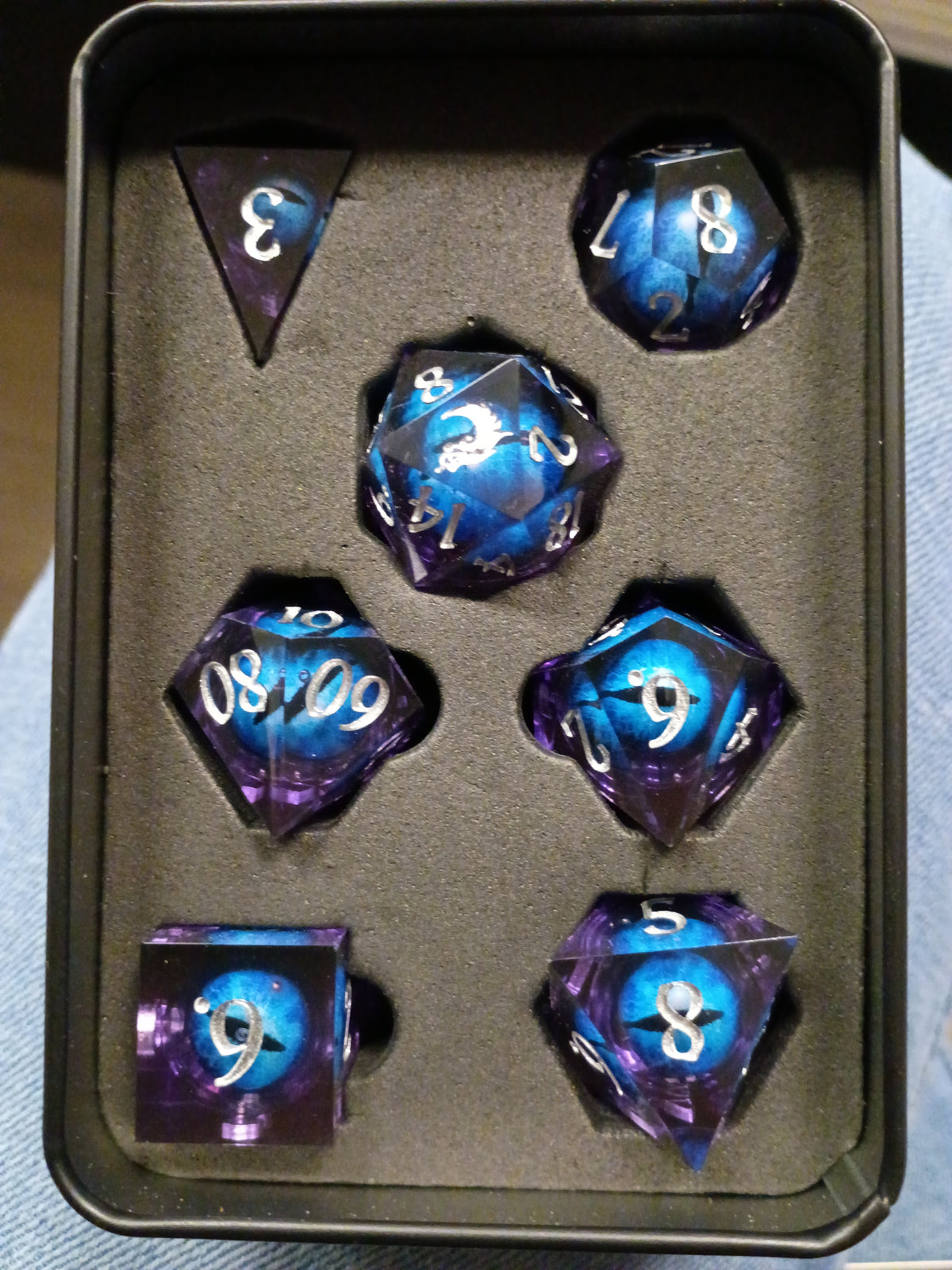 Old School Gaming: Liquid Infused Serpents Eye (Purple + Blue Eye) Sharp Edged Dice