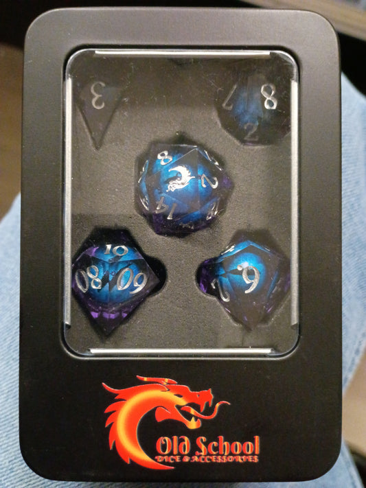 Old School Gaming: Liquid Infused Serpents Eye (Purple + Blue Eye) Sharp Edged Dice
